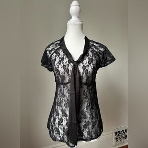 CHAPTER ONE Black Lace Y2K Whimsigoth Vamp Coquette Pussybow‎ Blouse Size 4